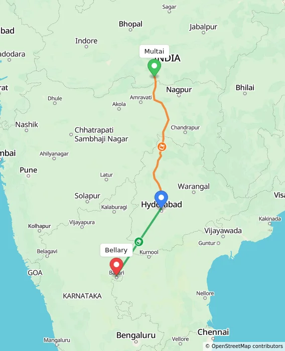 Route map showing distance and travel time from Multai, India to Bellary, India