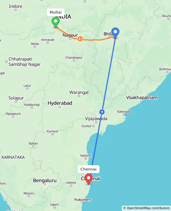 Route map showing distance and travel time from Multai, India to Chennai, India