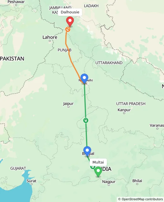 Route map showing distance and travel time from Multai, India to Dalhousie, India