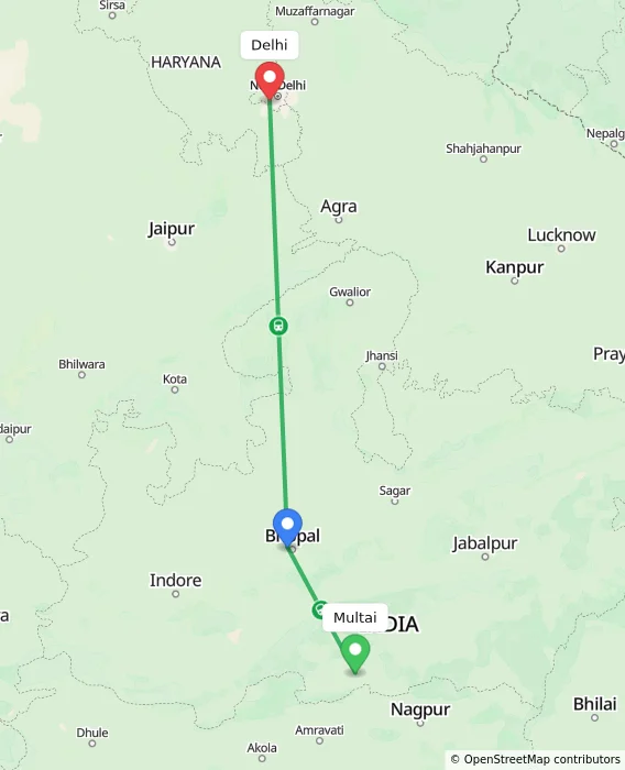 Route map showing distance and travel time from Multai, India to Delhi, India