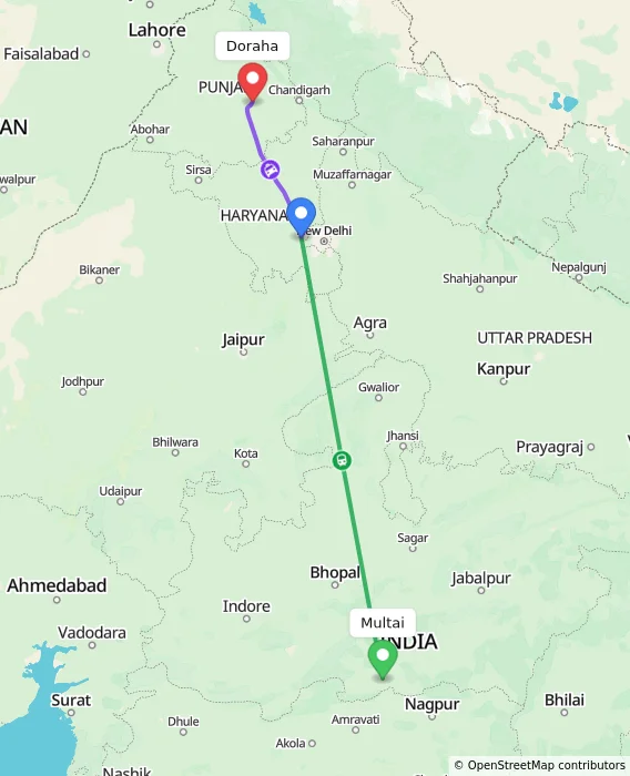 Route map showing distance and travel time from Multai, India to Doraha, India