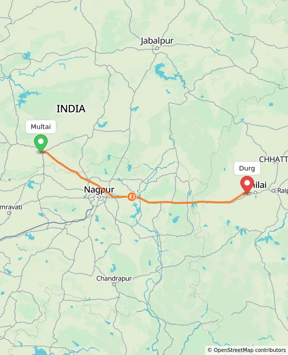 Route map showing distance and travel time from Multai, India to Durg, India