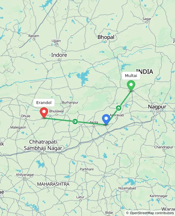 Route map showing distance and travel time from Multai, India to Erandol, India