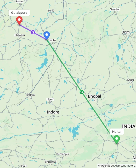 Route map showing distance and travel time from Multai, India to Gulabpura, India