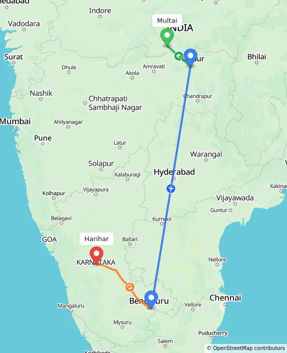 Route map showing distance and travel time from Multai, India to Harihar, India