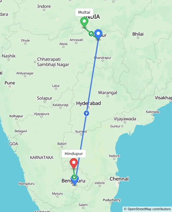 Route map showing distance and travel time from Multai, India to Hindupur, India