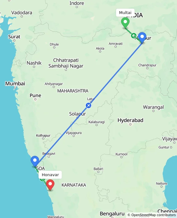 Route map showing distance and travel time from Multai, India to Honavar, India