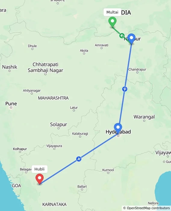 Route map showing distance and travel time from Multai, India to Hubli, India