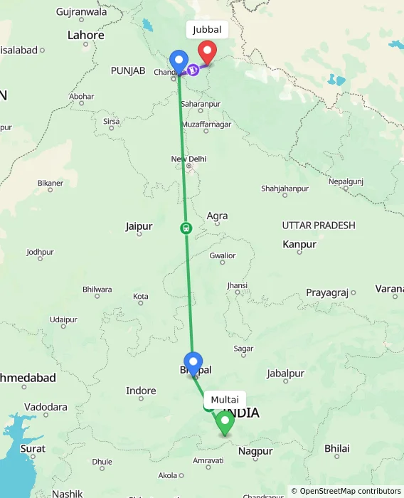 Route map showing distance and travel time from Multai, India to Jubbal, India