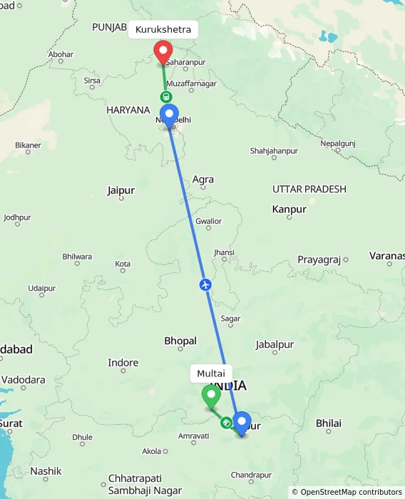 Route map showing distance and travel time from Multai, India to Kurukshetra, India