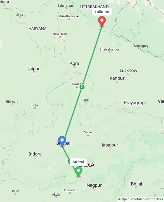 Route map showing distance and travel time from Multai, India to Lalkuan, India