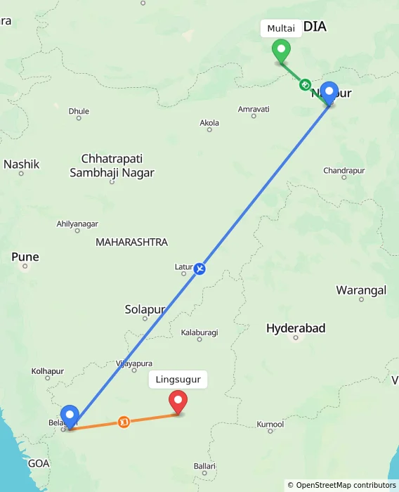 Route map showing distance and travel time from Multai, India to Lingsugur, India