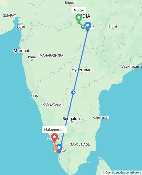 Route map showing distance and travel time from Multai, India to Malappuram, India