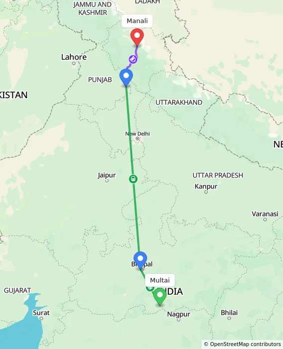 Route map showing distance and travel time from Multai, India to Manali, India