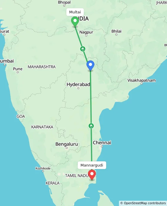 Route map showing distance and travel time from Multai, India to Mannargudi, India