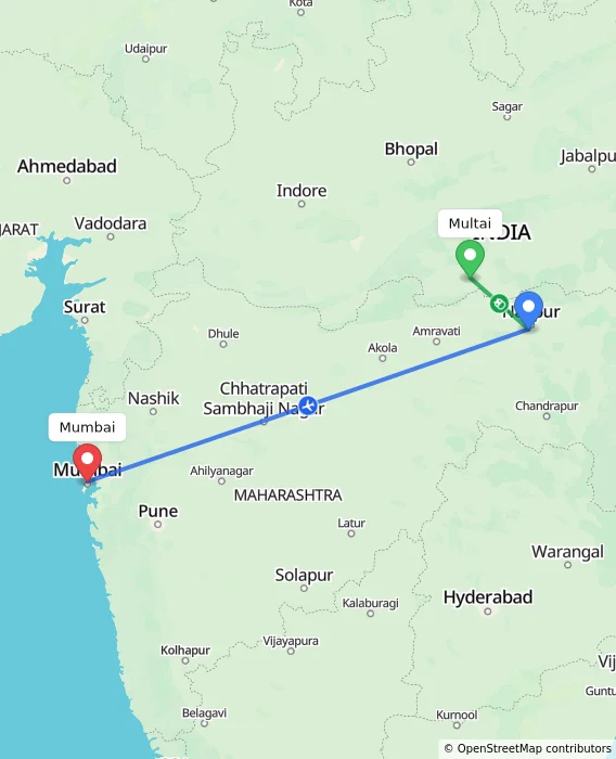 Route map showing distance and travel time from Multai, India to Mumbai, India