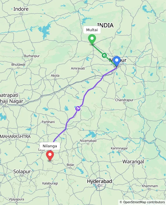Route map showing distance and travel time from Multai, India to Nilanga, India