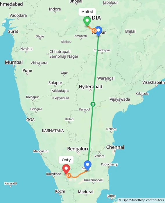 Route map showing distance and travel time from Multai, India to Ooty, India