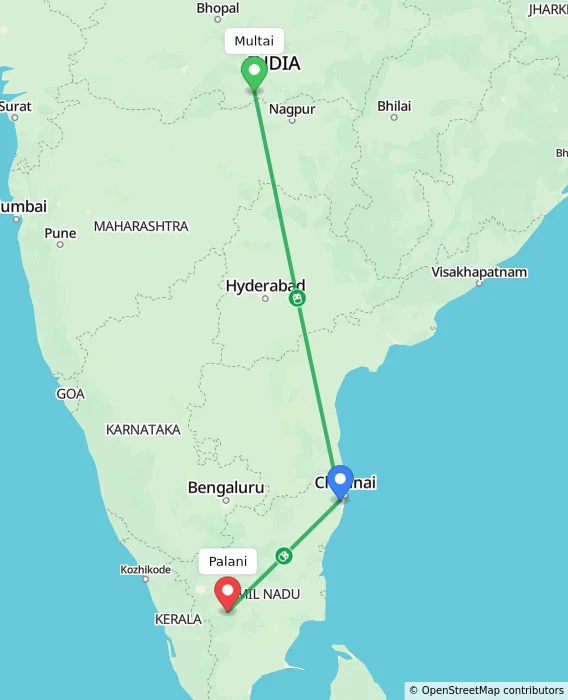 Route map showing distance and travel time from Multai, India to Palani, India