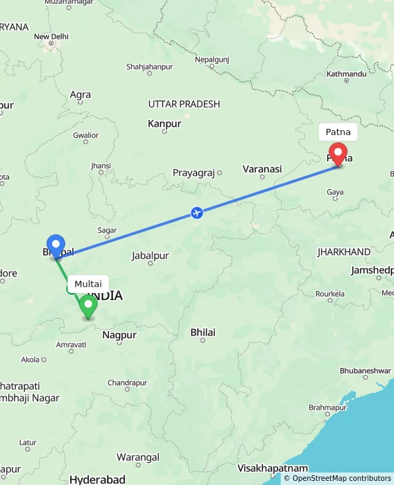 Route map showing distance and travel time from Multai, India to Patna, India