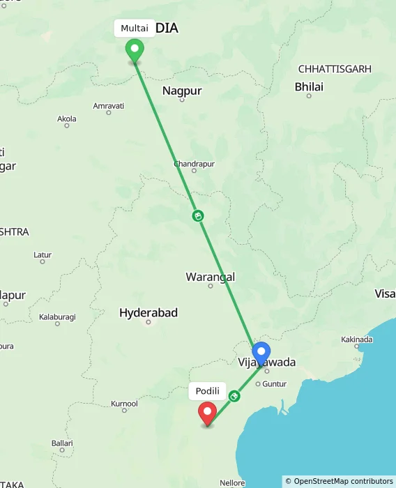 Route map showing distance and travel time from Multai, India to Podili, India