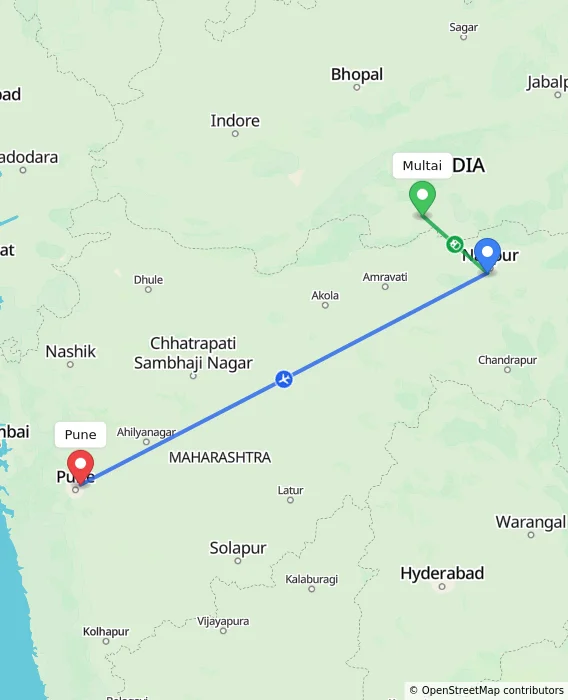 Route map showing distance and travel time from Multai, India to Pune, India