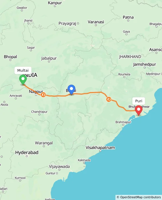 Route map showing distance and travel time from Multai, India to Puri, India