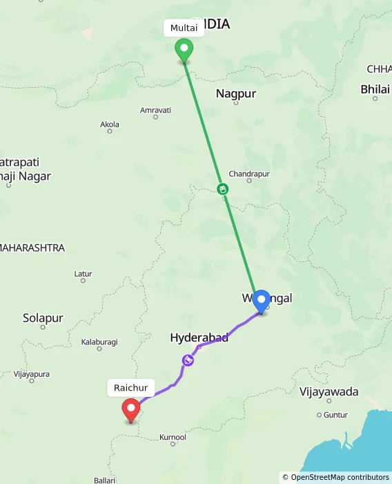 Route map showing distance and travel time from Multai, India to Raichur, India