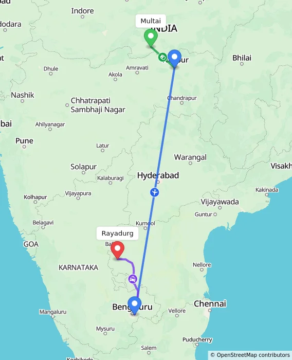 Route map showing distance and travel time from Multai, India to Rayadurg, India