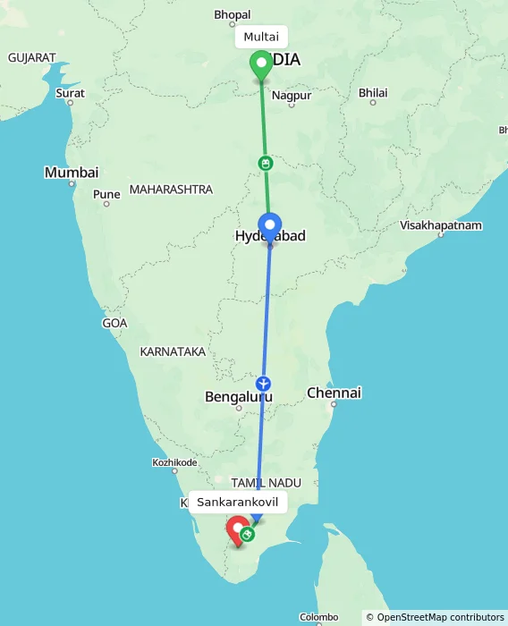 Route map showing distance and travel time from Multai, India to Sankarankovil, India