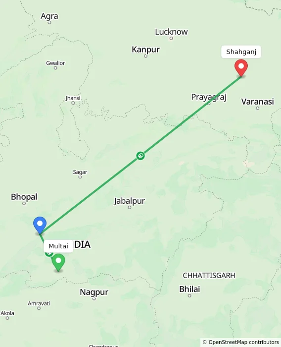 Route map showing distance and travel time from Multai, India to Shahganj, India