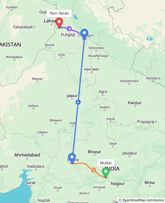 Route map showing distance and travel time from Multai, India to Tarn Taran, India