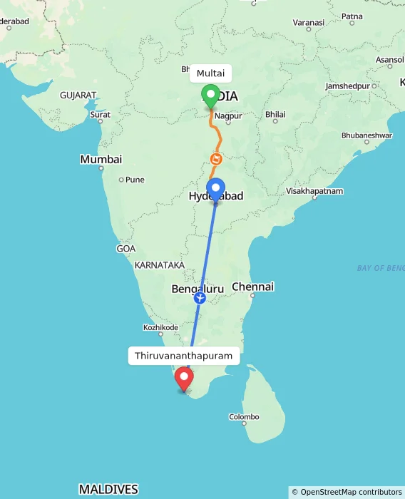 Route map showing distance and travel time from Multai, India to Thiruvananthapuram, India