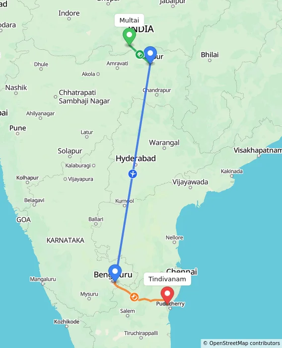Route map showing distance and travel time from Multai, India to Tindivanam, India