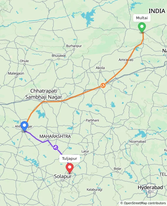 Route map showing distance and travel time from Multai, India to Tuljapur, India