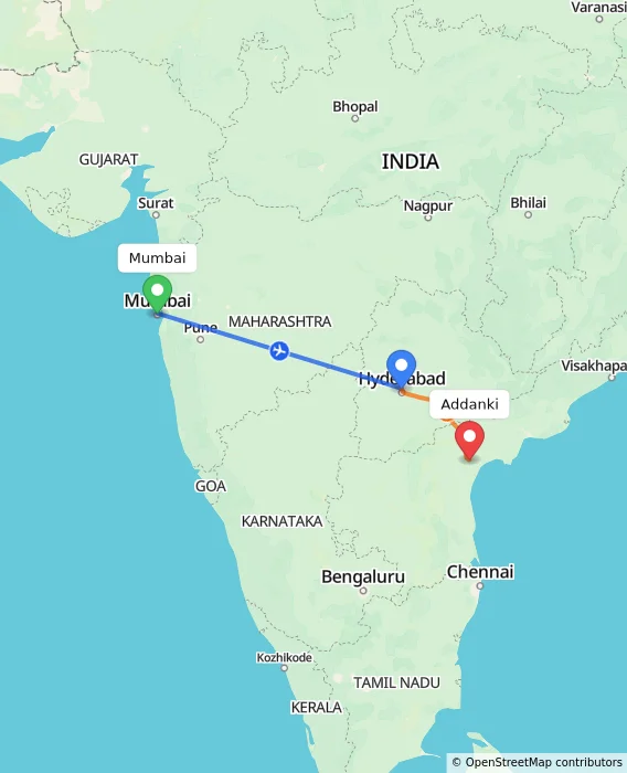 Route map showing distance and travel time from Mumbai, India to Addanki, India