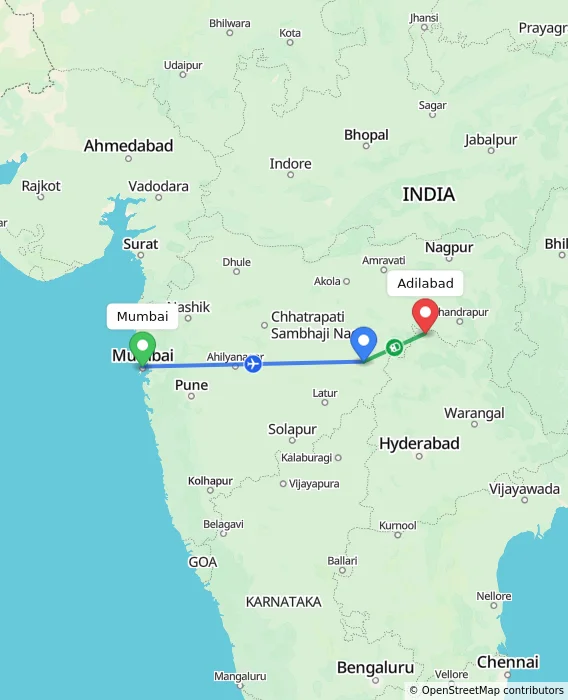 Route map showing distance and travel time from Mumbai, India to Adilabad, India