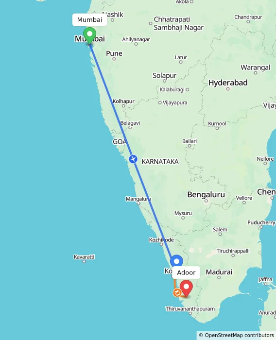 Route map showing distance and travel time from Mumbai, India to Adoor, India