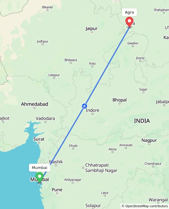 Route map showing distance and travel time from Mumbai, India to Agra, India