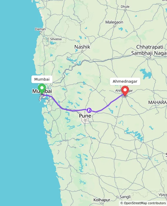 Route map showing distance and travel time from Mumbai, India to Ahmednagar, India