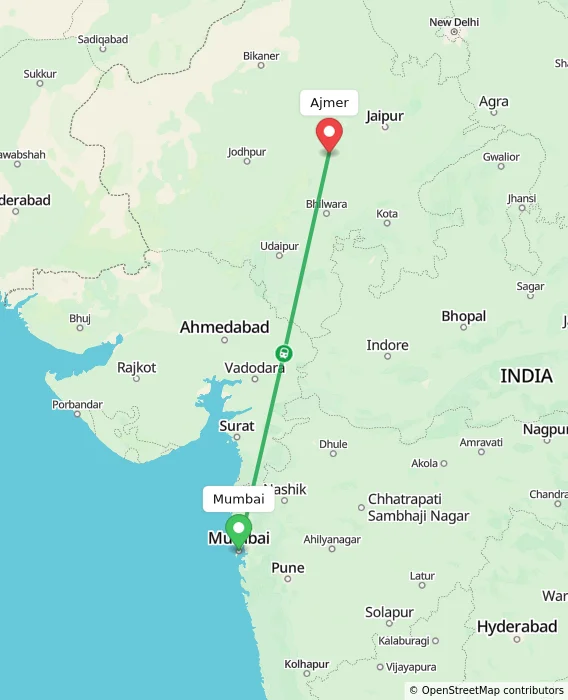 Route map showing distance and travel time from Mumbai, India to Ajmer, India