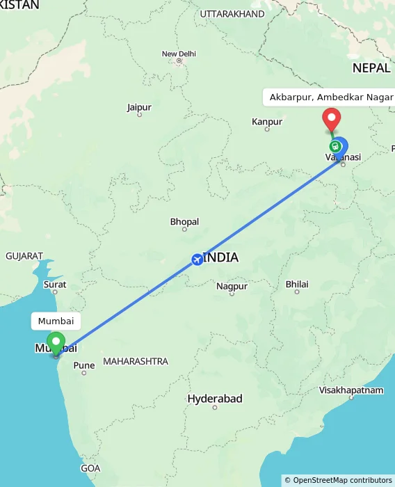 Route map showing distance and travel time from Mumbai, India to Akbarpur, Ambedkar Nagar, India