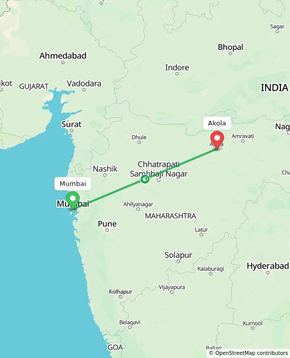 Route map showing distance and travel time from Mumbai, India to Akola, India