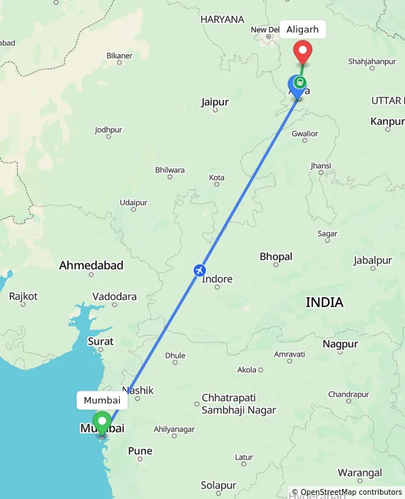 Route map showing distance and travel time from Mumbai, India to Aligarh, India