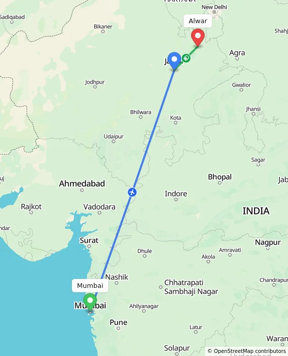Route map showing distance and travel time from Mumbai, India to Alwar, India