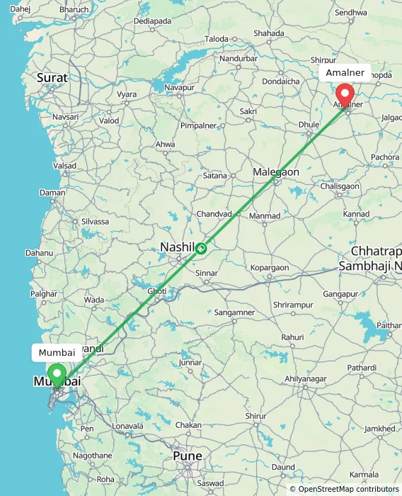 Route map showing distance and travel time from Mumbai, India to Amalner, India