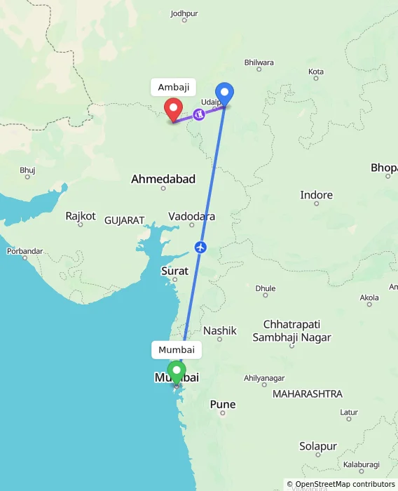 Route map showing distance and travel time from Mumbai, India to Ambaji, India