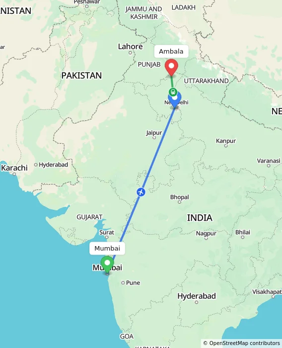 Route map showing distance and travel time from Mumbai, India to Ambala, India