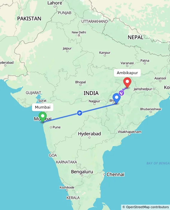 Route map showing distance and travel time from Mumbai, India to Ambikapur, India