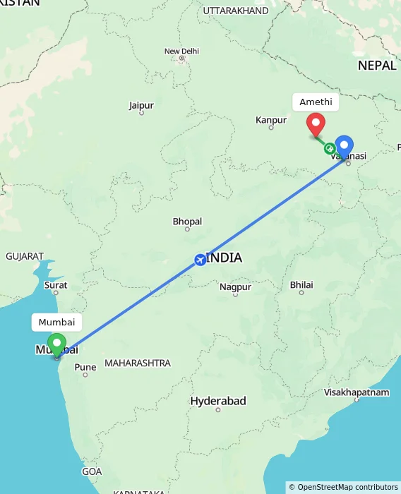 Route map showing distance and travel time from Mumbai, India to Amethi, India